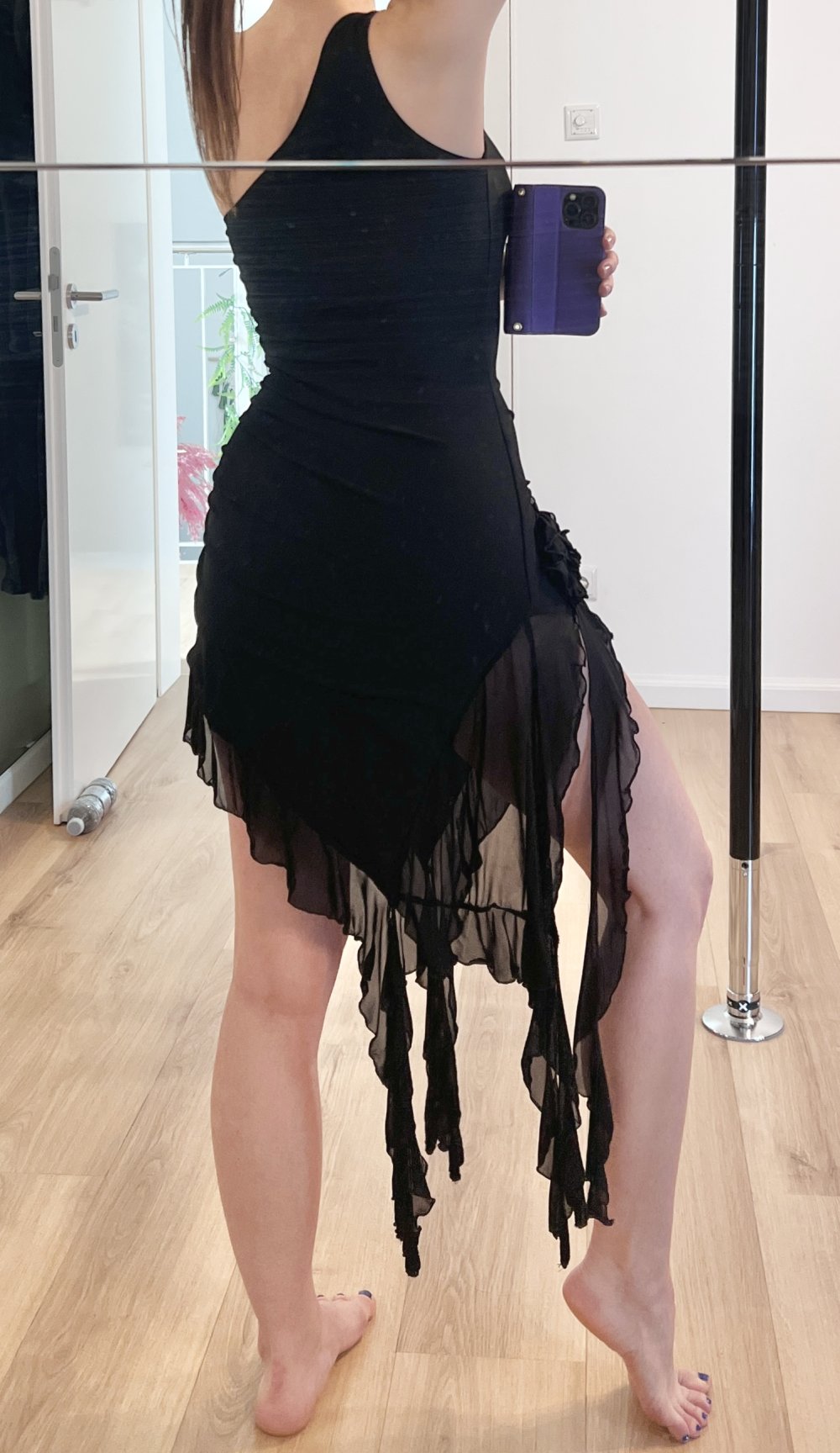 Sexy Damen Bodycon asymmetrisches Y2K Rüschen Tuffles Minikleid Abendkleid XS/S schwarz
