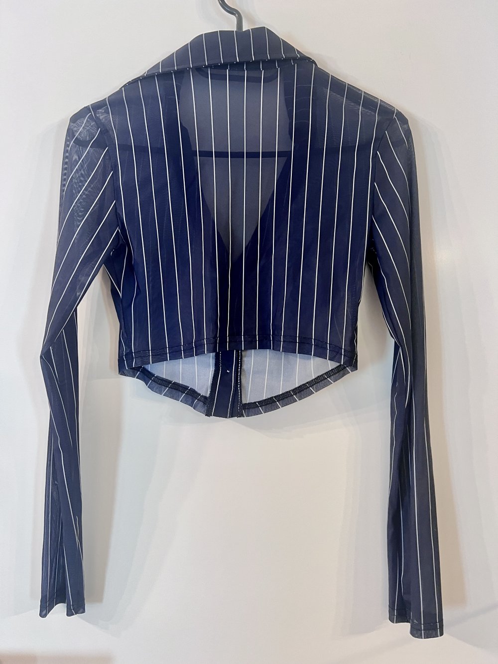 Sexy Damen Langarm Crop Mesh Bluse Dunkelblau Weiß bauchfrei XS