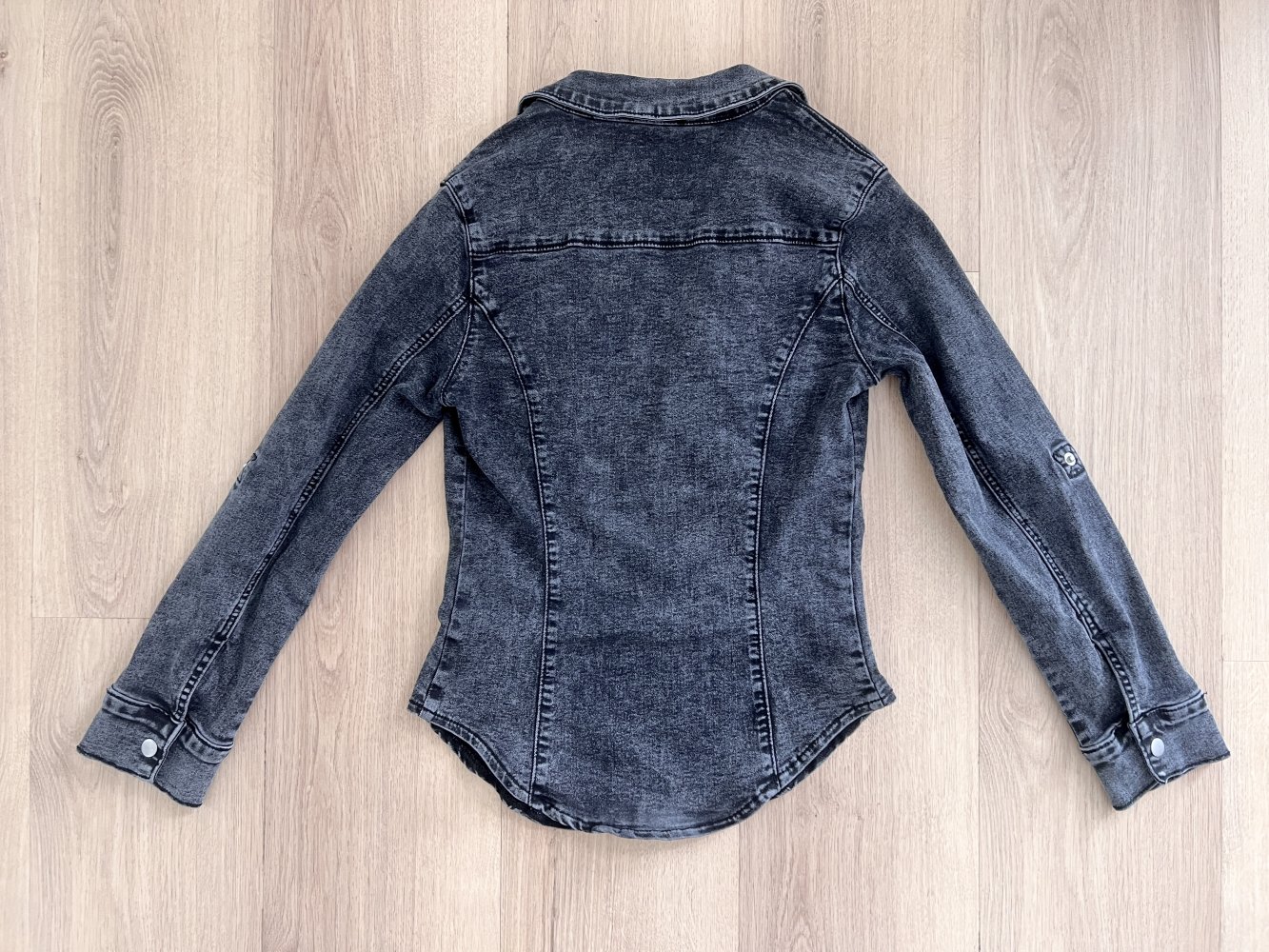 Sexy Damen Druckknopf enges Stretch Jeans Denim Hemd Dunkelgrau XS
