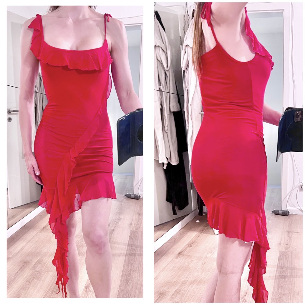 Sexy Damen rotes Bodycon Rüschen Sommer Minikleid Asymmetrisch Rot XS