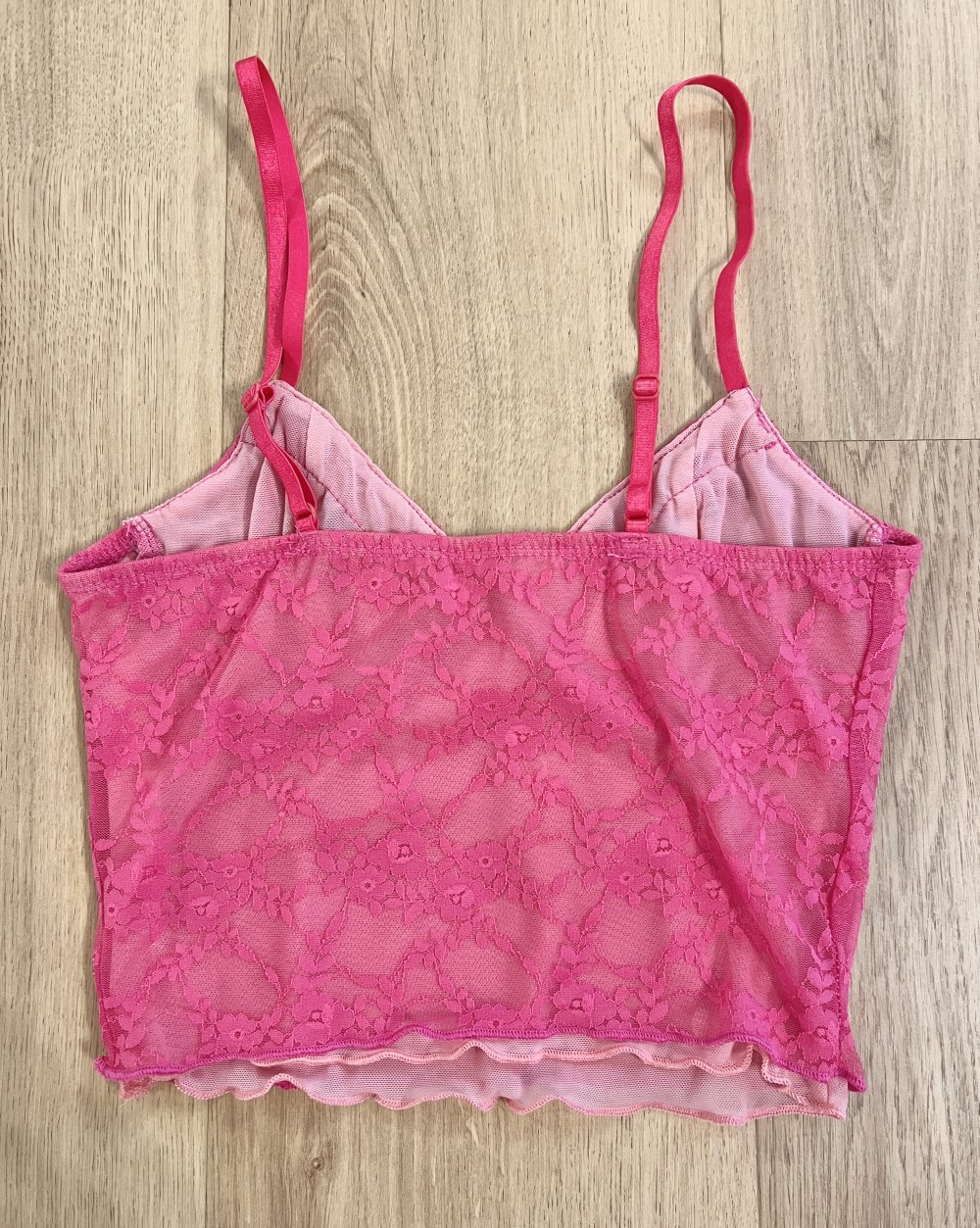 Sexy Damen Y2K halb durchsichtiges Mesh mehrlagiges Camisole Crop Top Pink Rosa Spitze Schnürung XS