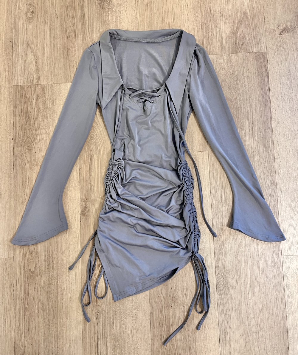 Sexy Langarm Bodycon asymmetrisches Langarm Minikleid Schnürung Raffung Grau XS