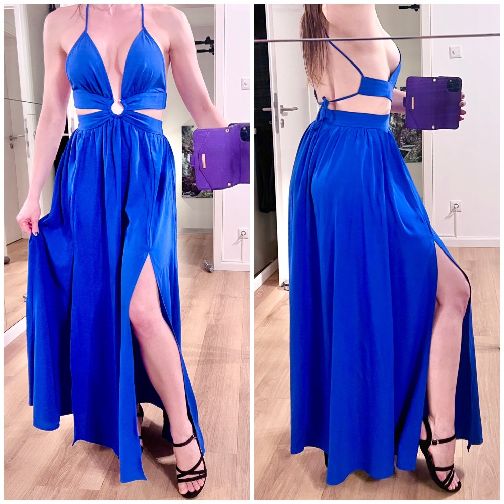 Sexy Damen Sommer Cut-Out Maxikleid Königsblau mit 2 Schlitzen Rückenfrei XS/34