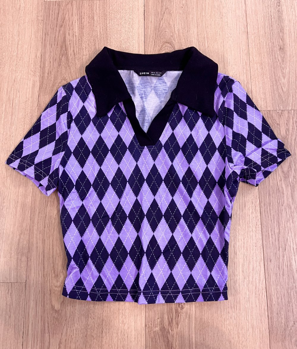 Sexy Damen Lila Schwarzes Rauten Crop T-Shirt mit Kragen Schulmädchen Y2K E-Girl XS