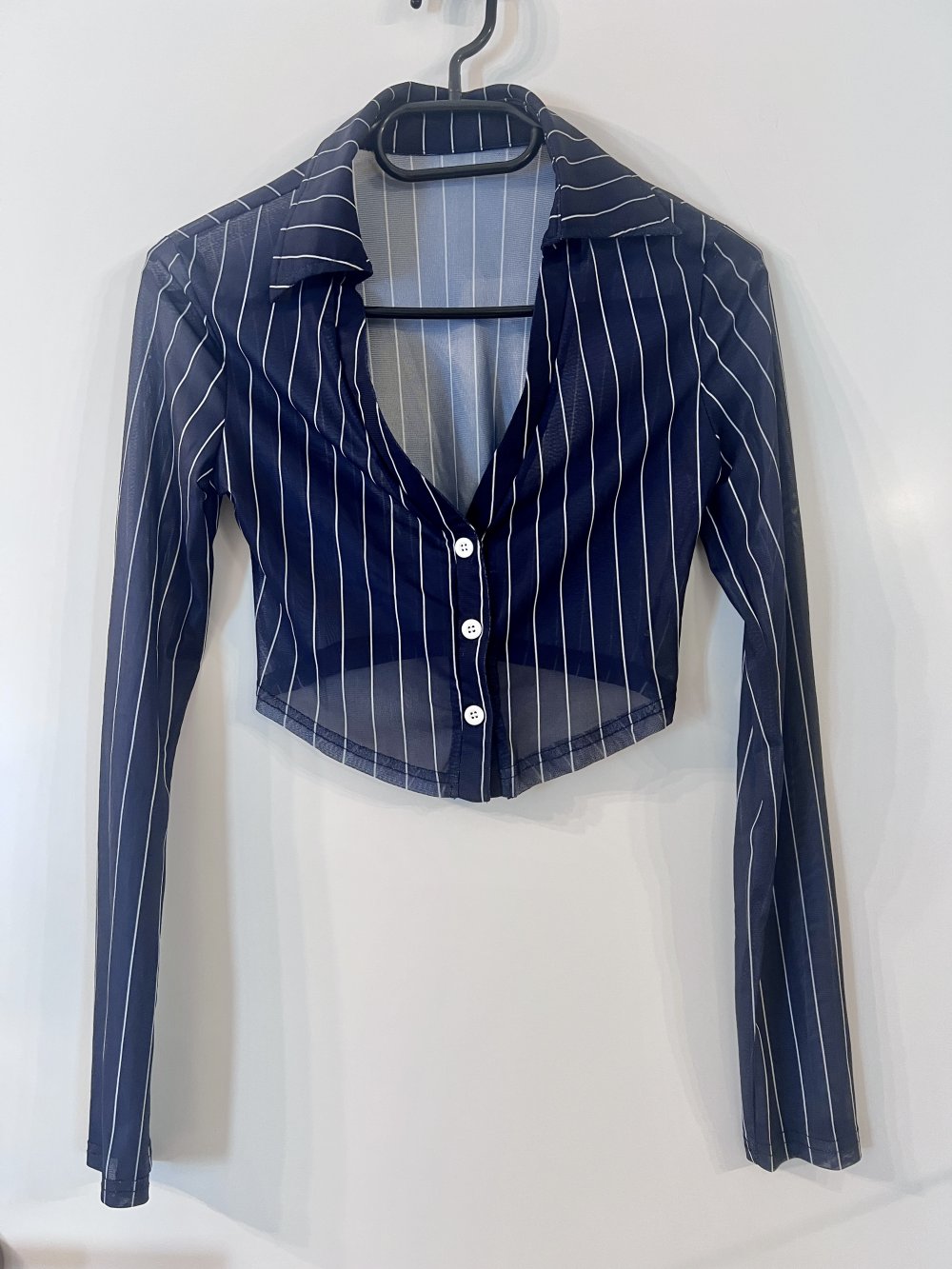 Sexy Damen Langarm Crop Mesh Bluse Dunkelblau Weiß bauchfrei XS