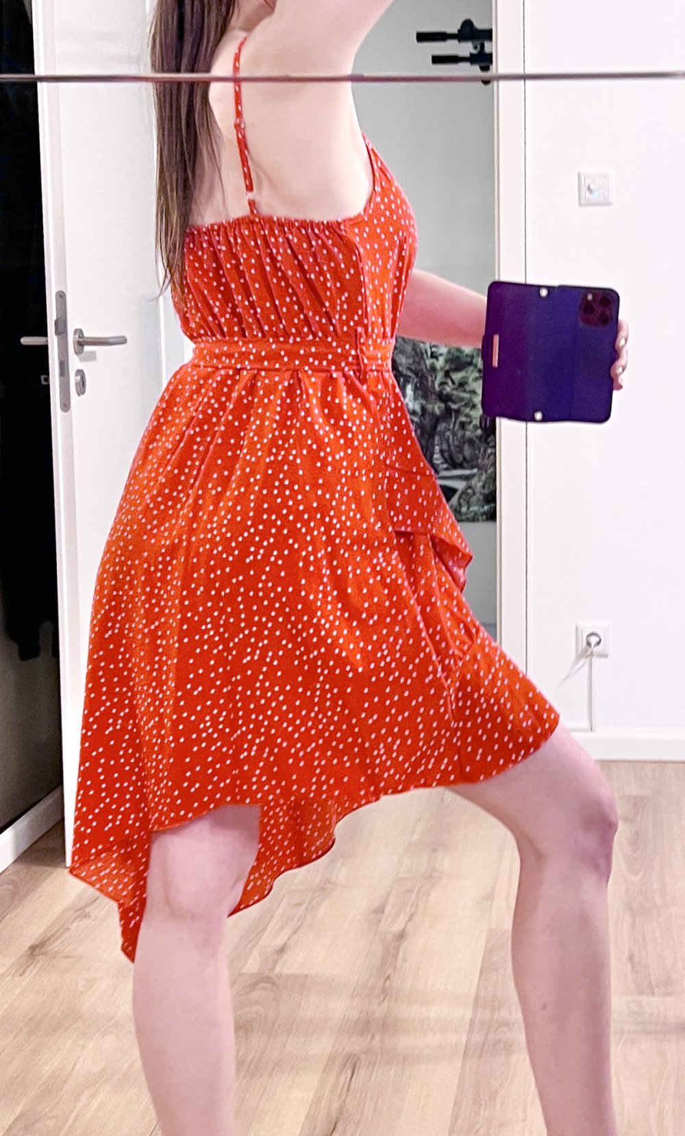 Süßes rot weiß gepunktetes Polka Dot Asymmetrisches Kleid XS/S