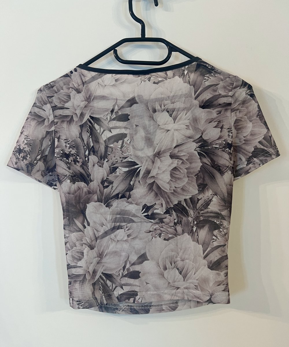 Sexy Damen semi durchsichtiges Mesh Crop T-Shirt mit Blumen Allover Print Grau XS