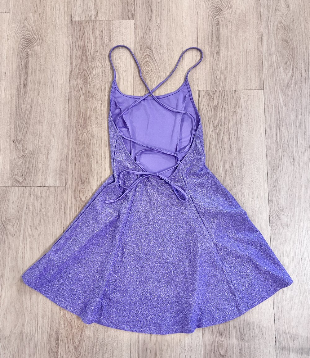 Sexy Damen Glitzer A-Linien Sakter Minikleid Fliederlila Schnürung XS