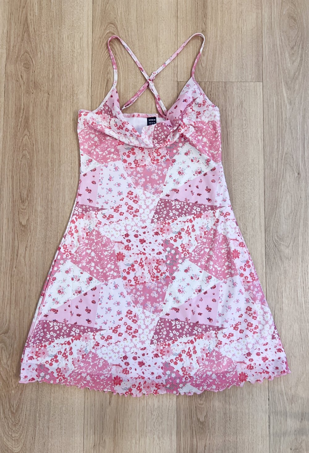 Süßes Damen Patchwork Stil Sommer Mesh MInikleid Rosa S/36