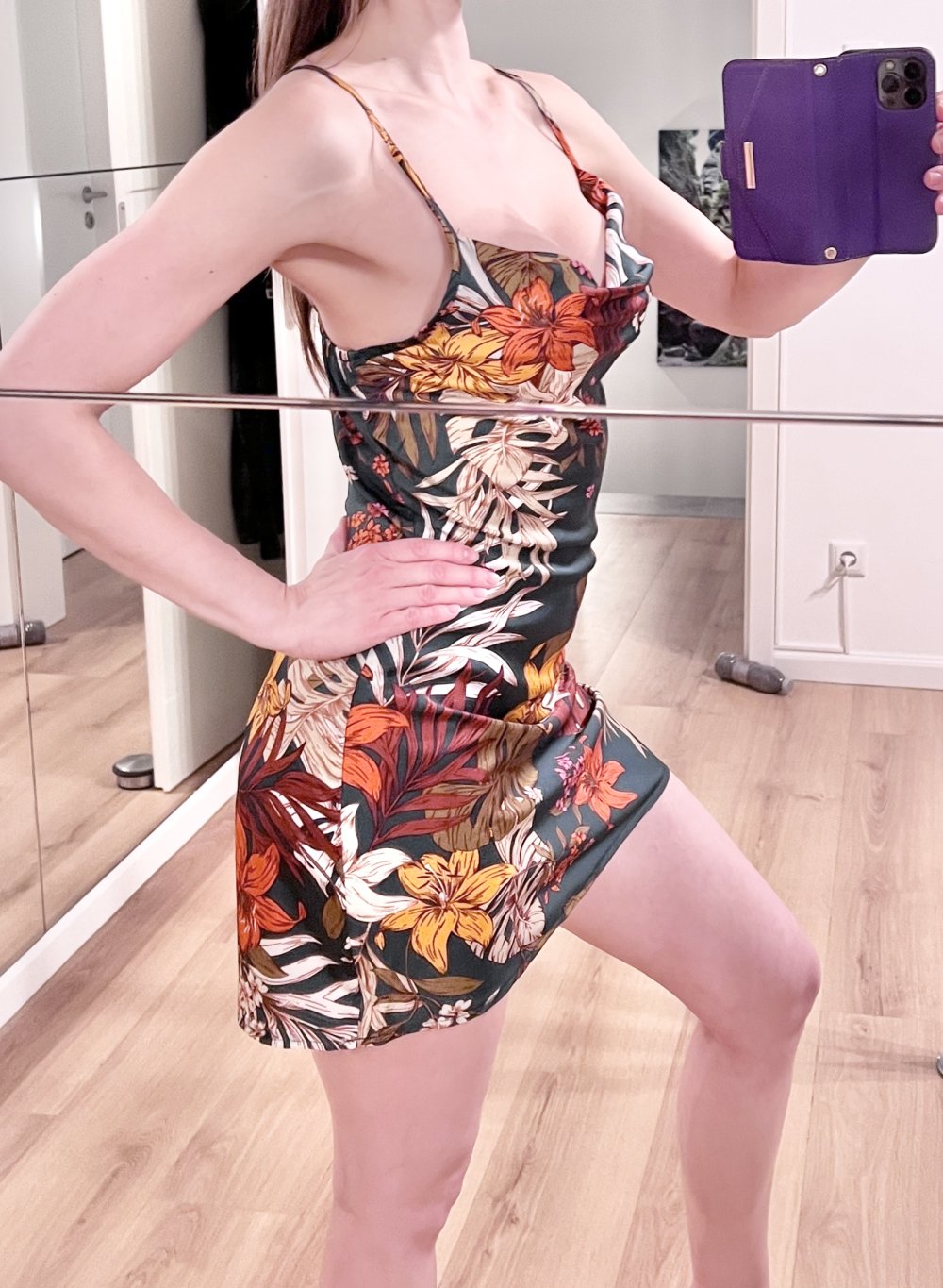 Sexy Damen Sommer tropisch Tropenblumen Cami Minikleid Wasserfall XS