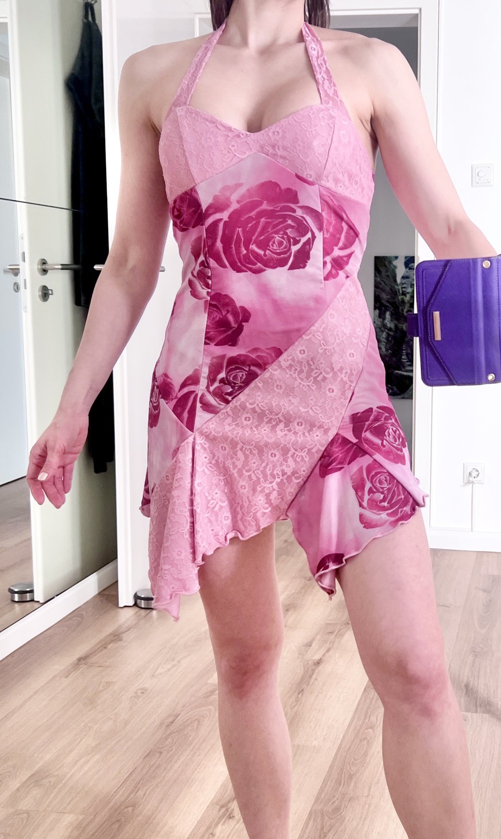 Damen Neckholder Y2K asymmetrisch Patchwork Spitze Rosa Minikleid S/36