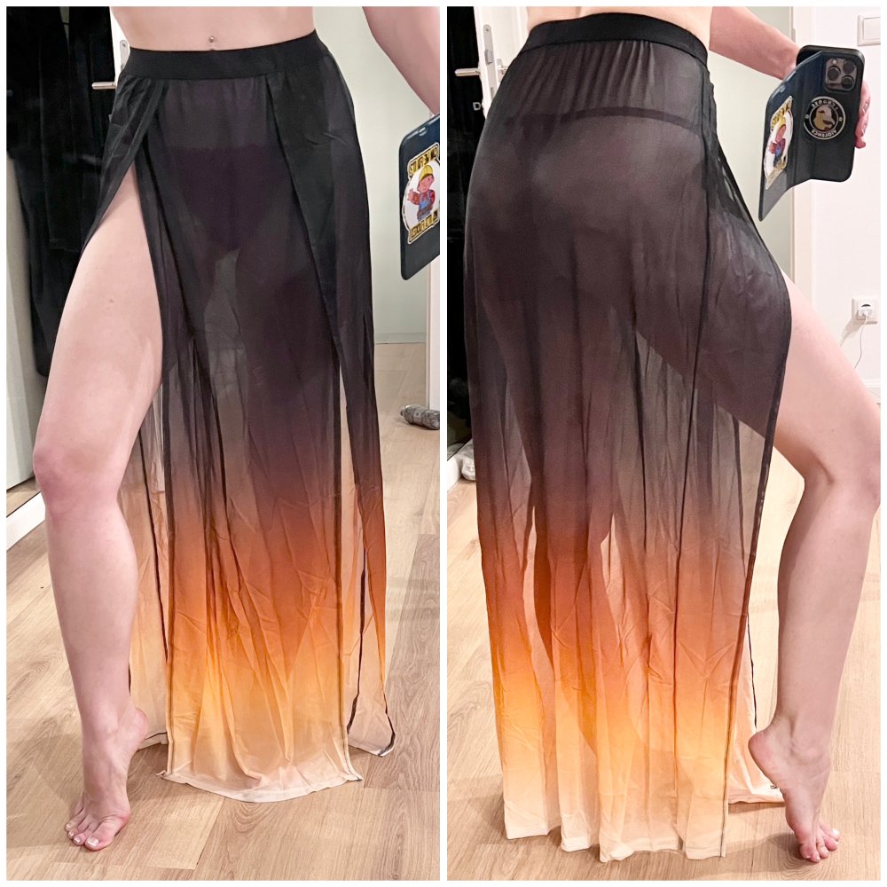 Sexy Damen durchsichtiger Ombre Farbverlauf Mesh Maxirock mit 2 Schlitzen XS/34