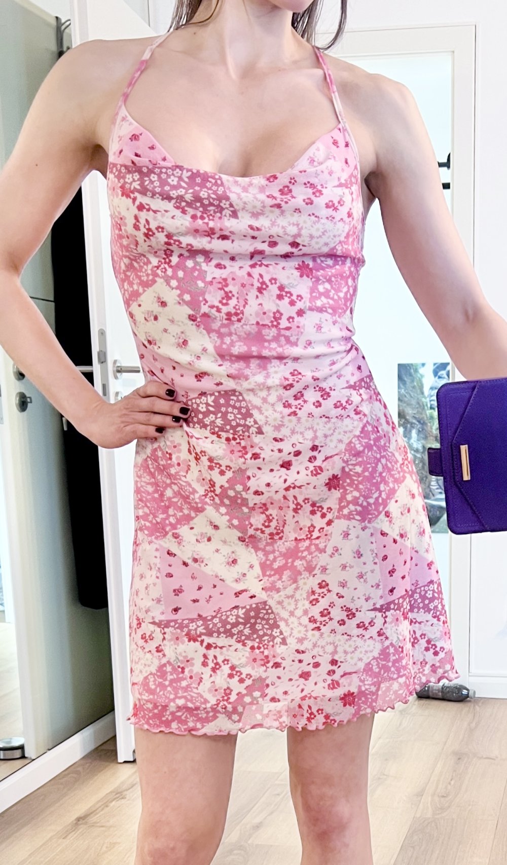 Süßes Damen Patchwork Stil Sommer Mesh MInikleid Rosa S/36