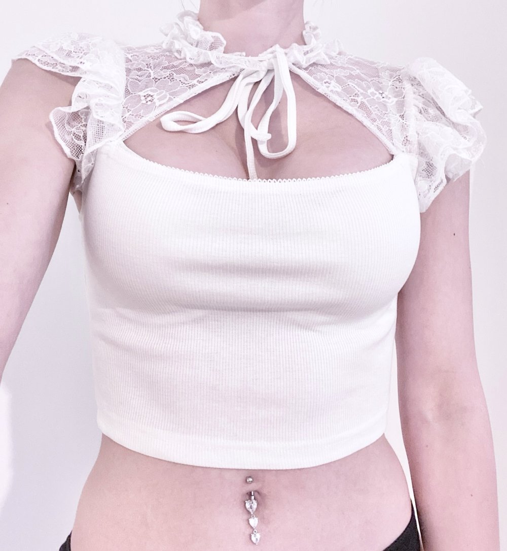 Sexy Damen süßes Lolita Doll Kawaii Crop T-Shirt mit Spitze Weiß XS