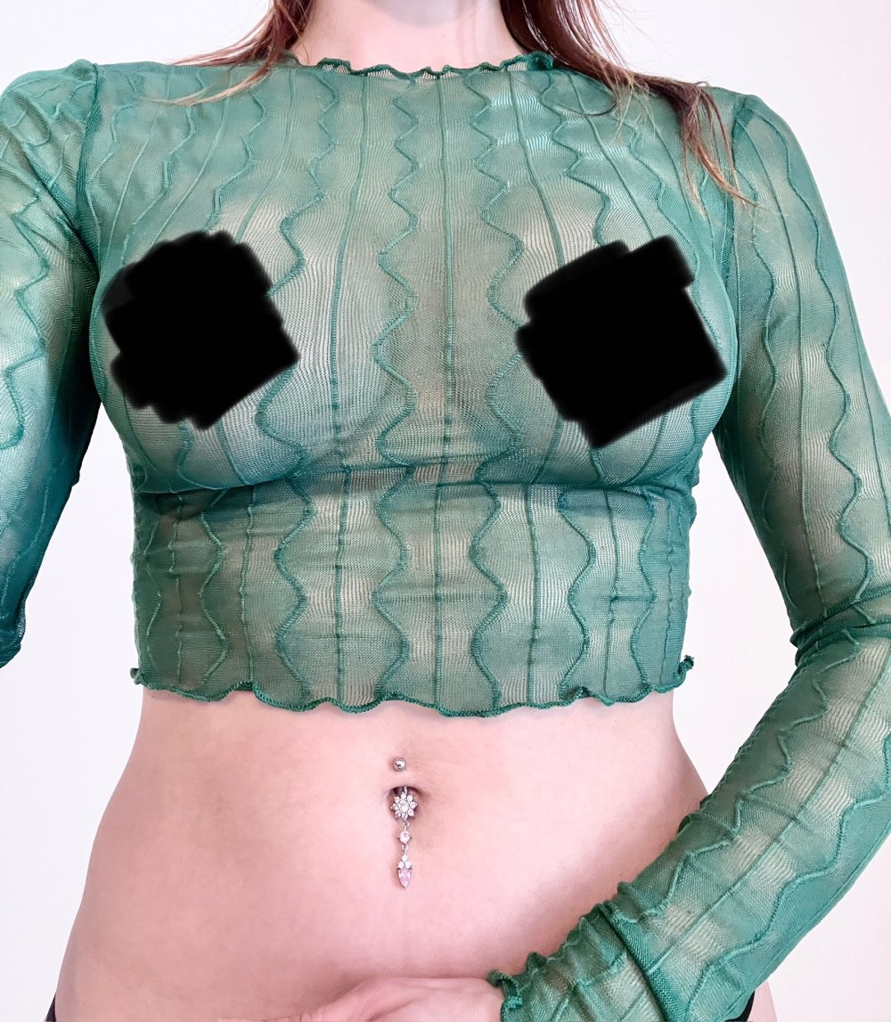 Sexy Damen durchsichtiges Mesh Langarm Crop Top Grün XS