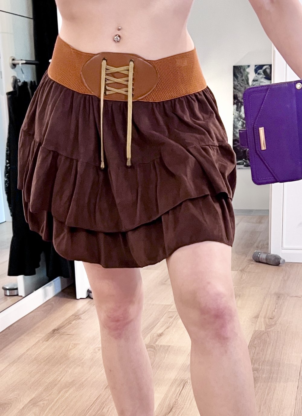 Sexy Damen Boho Hippie Stil Stufenrock Minirock Braun Stretch XS-M