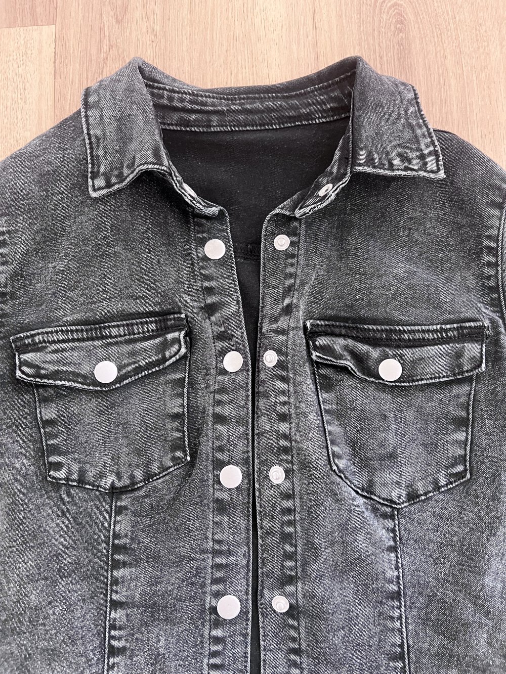 Sexy Damen Druckknopf enges Stretch Jeans Denim Hemd Dunkelgrau XS