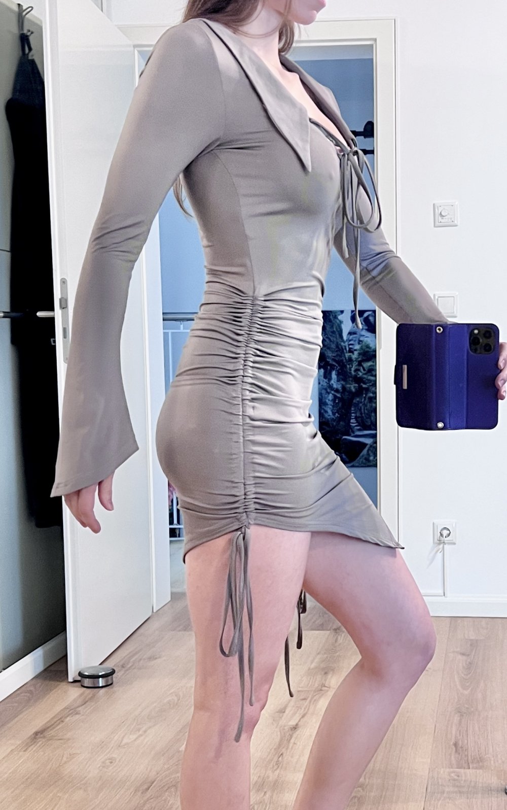 Sexy Langarm Bodycon asymmetrisches Langarm Minikleid Schnürung Raffung Grau XS