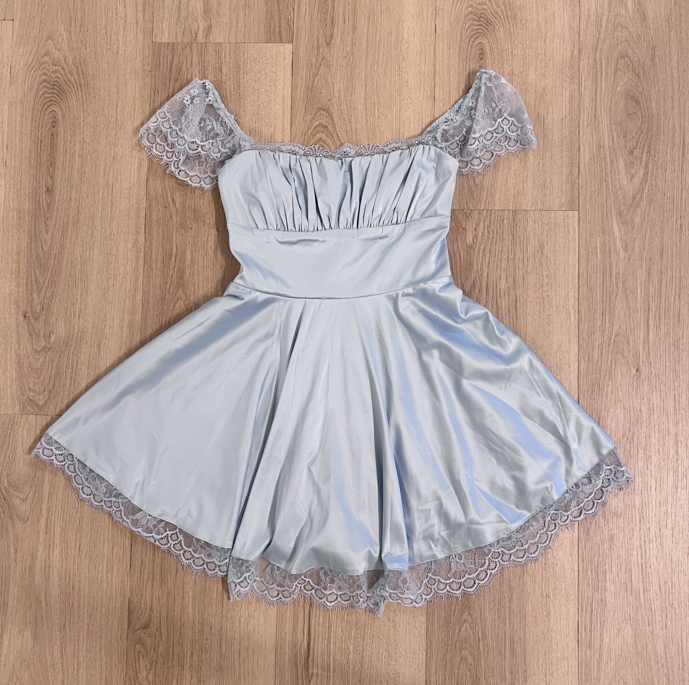 Süßes Damen Girly Mädchen Lolita Kawaii Bustier Kleidchen Satin Hellblau Schnürung Spitze XS