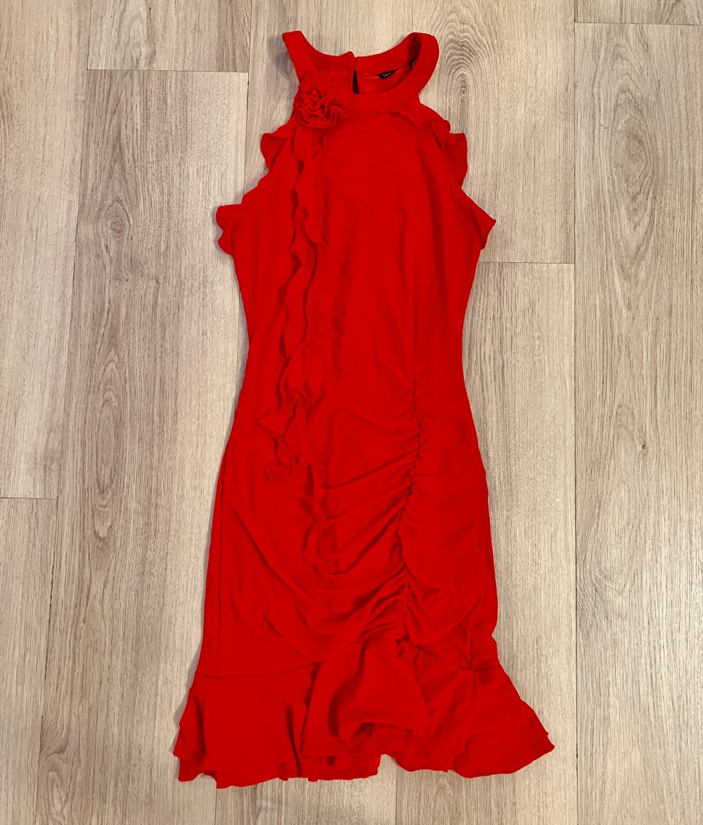 Damen rotes elegantes Party Bodycon Minikleid Rüschen Gr. S/36
