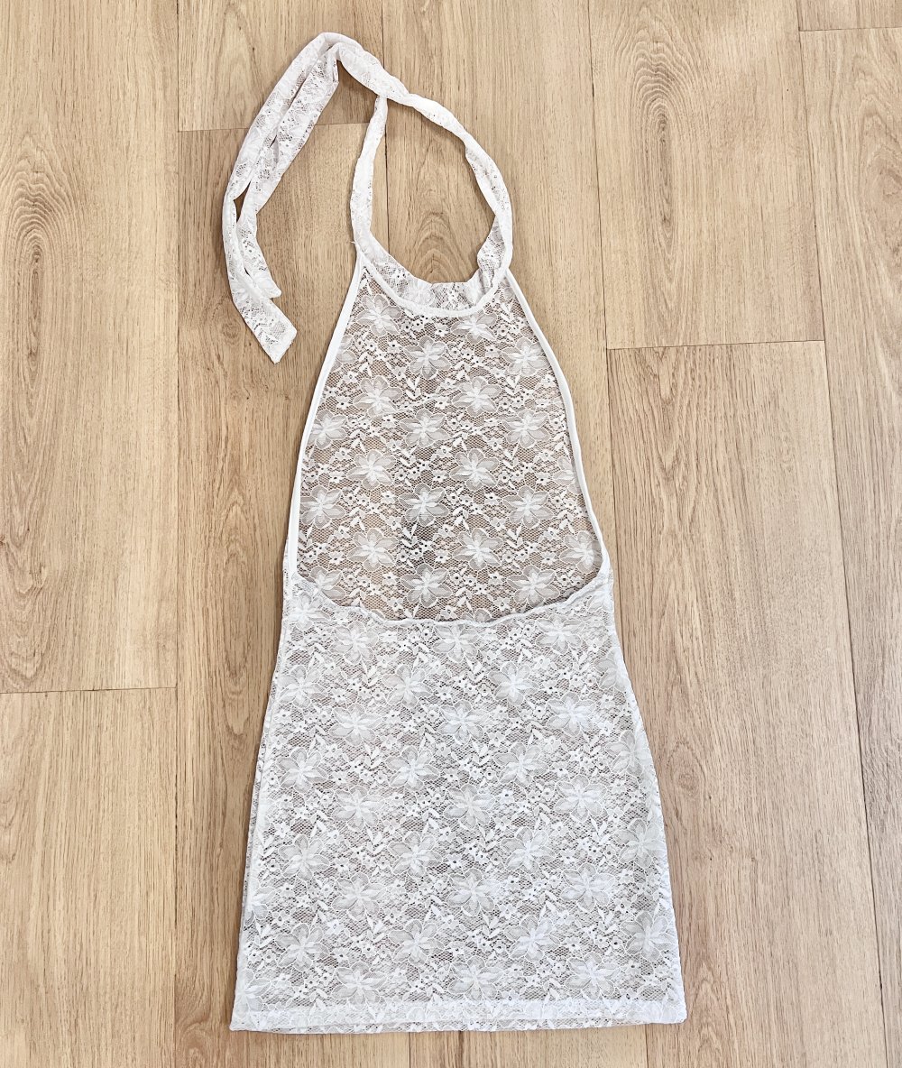 Sexy Damen durchsichtige Spitze Neckholder Minikleid Bodycon weiß XS