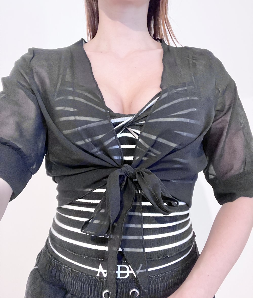 Damen Kurzam druchsichtige kurze Bluse zum Binden Schwarz XS/S