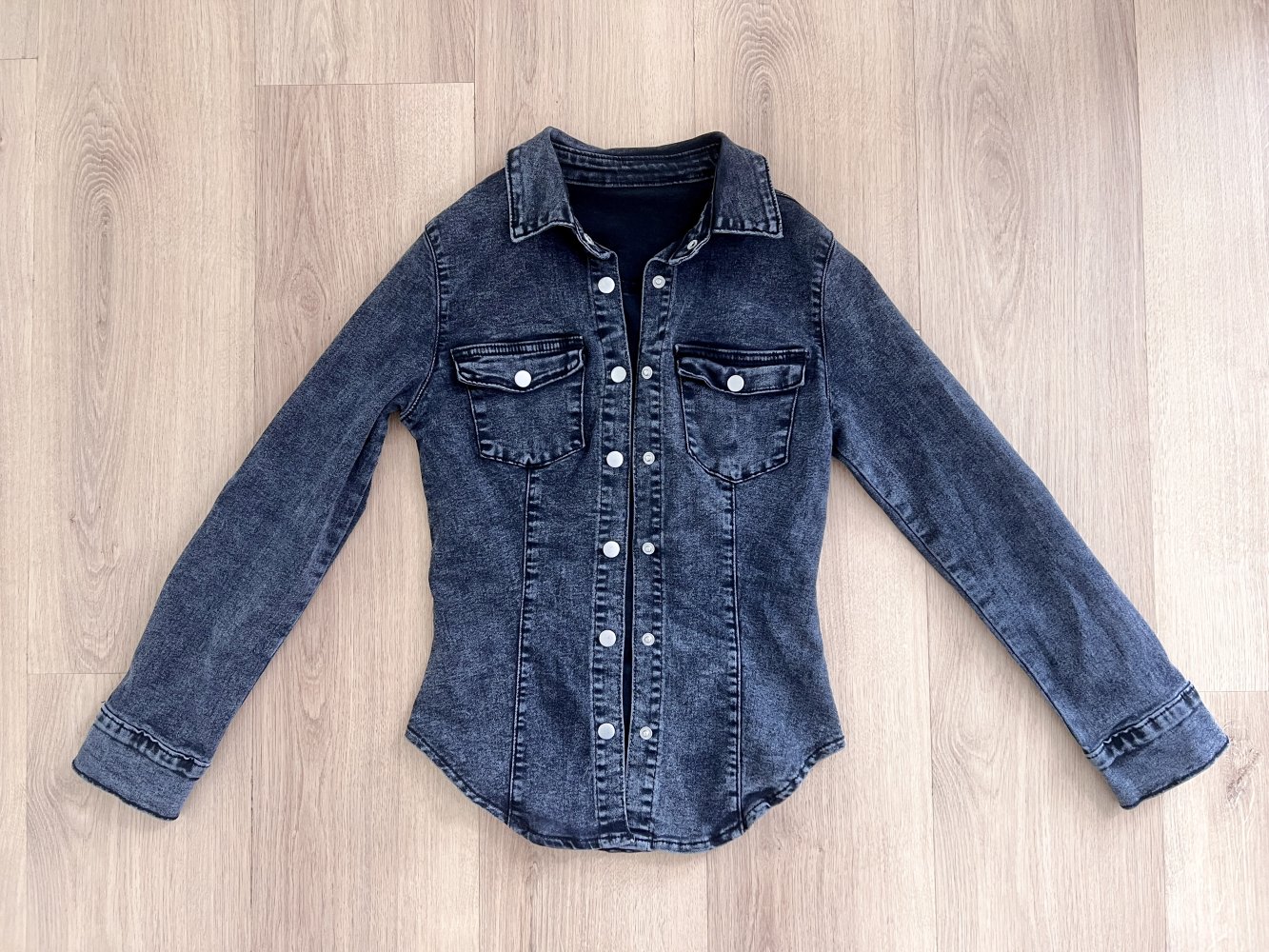 Sexy Damen Druckknopf enges Stretch Jeans Denim Hemd Dunkelgrau XS