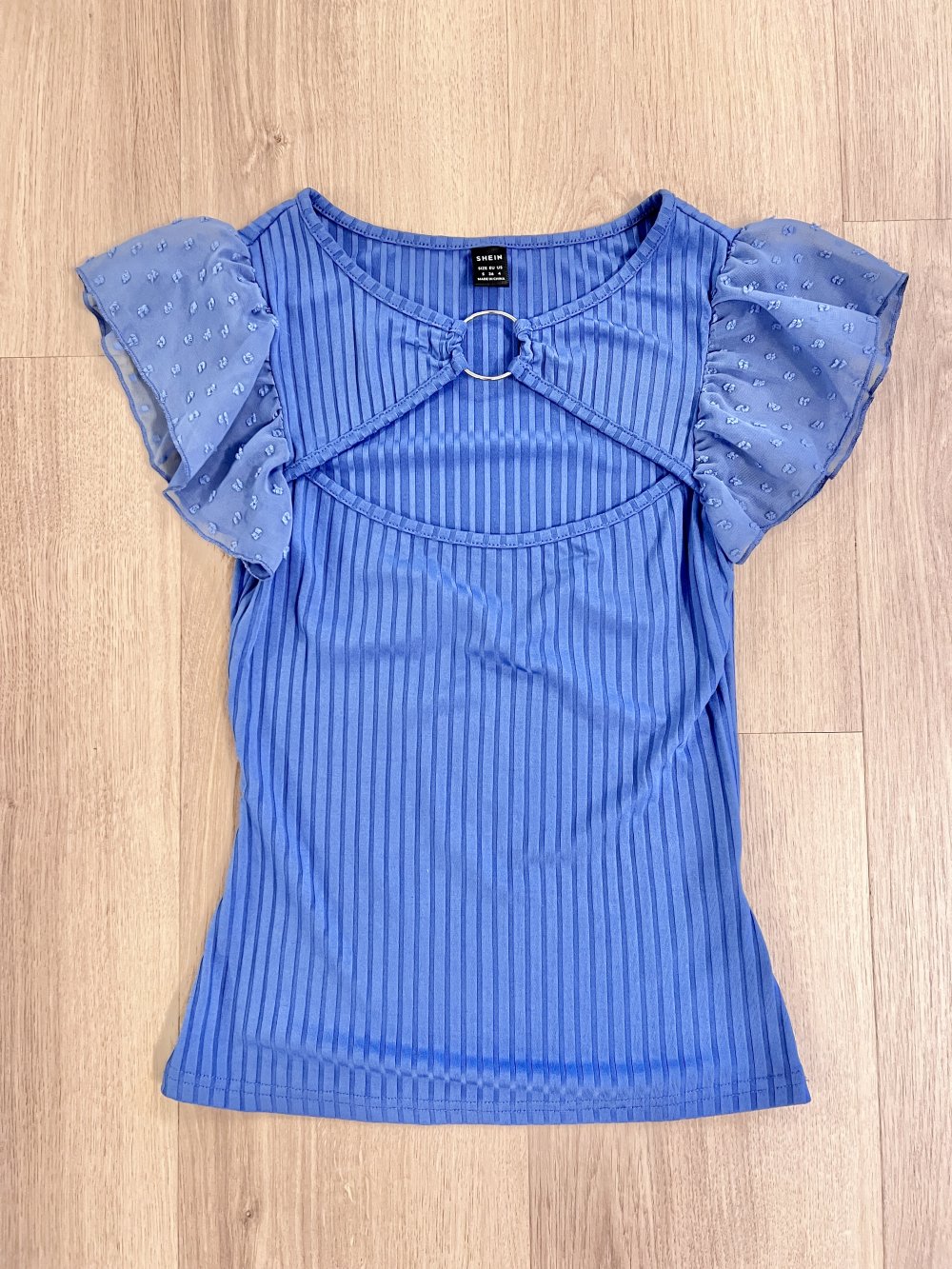 Figurbetonendes Damen T-Shirt gerippt Cut-Out Ring mit Flügelärmeln graublau XS/S