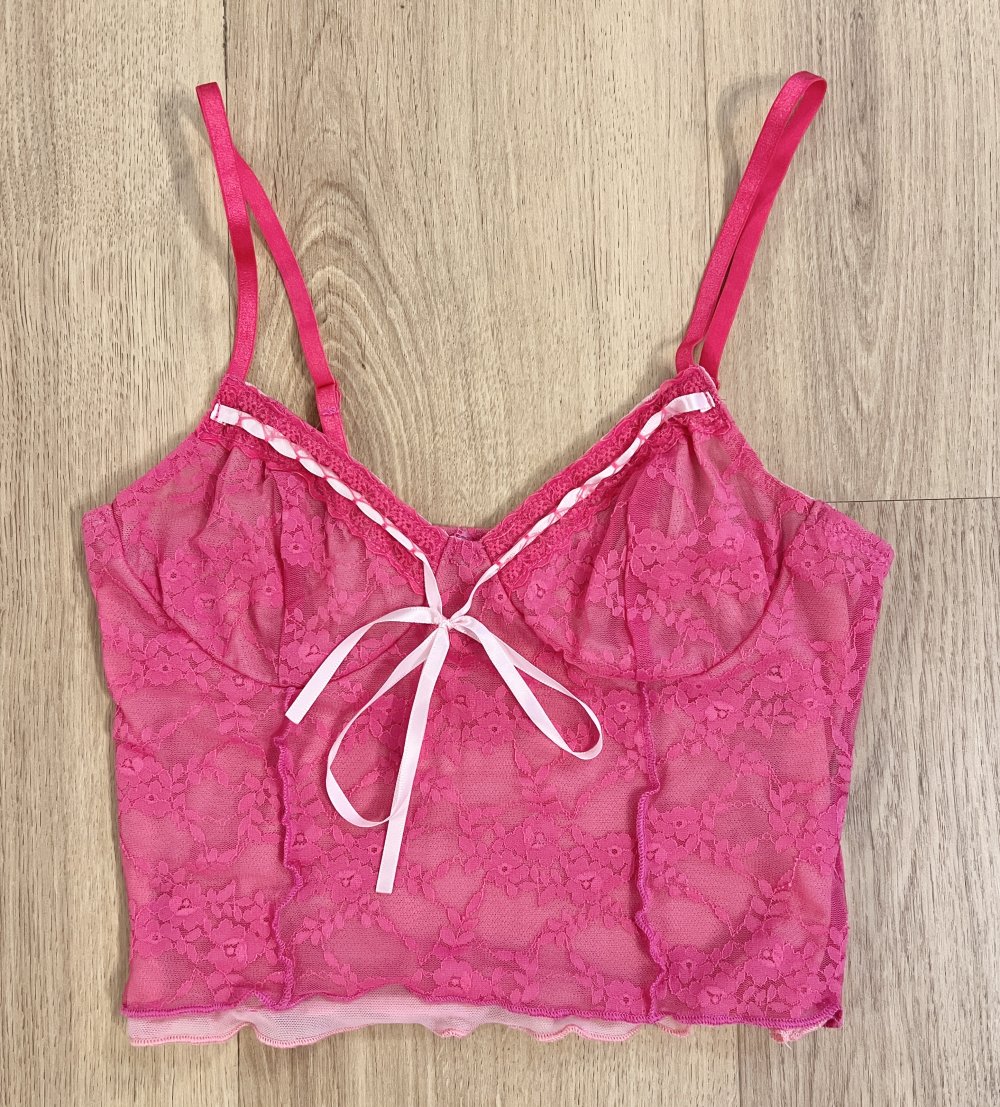 Sexy Damen Y2K halb durchsichtiges Mesh mehrlagiges Camisole Crop Top Pink Rosa Spitze Schnürung XS