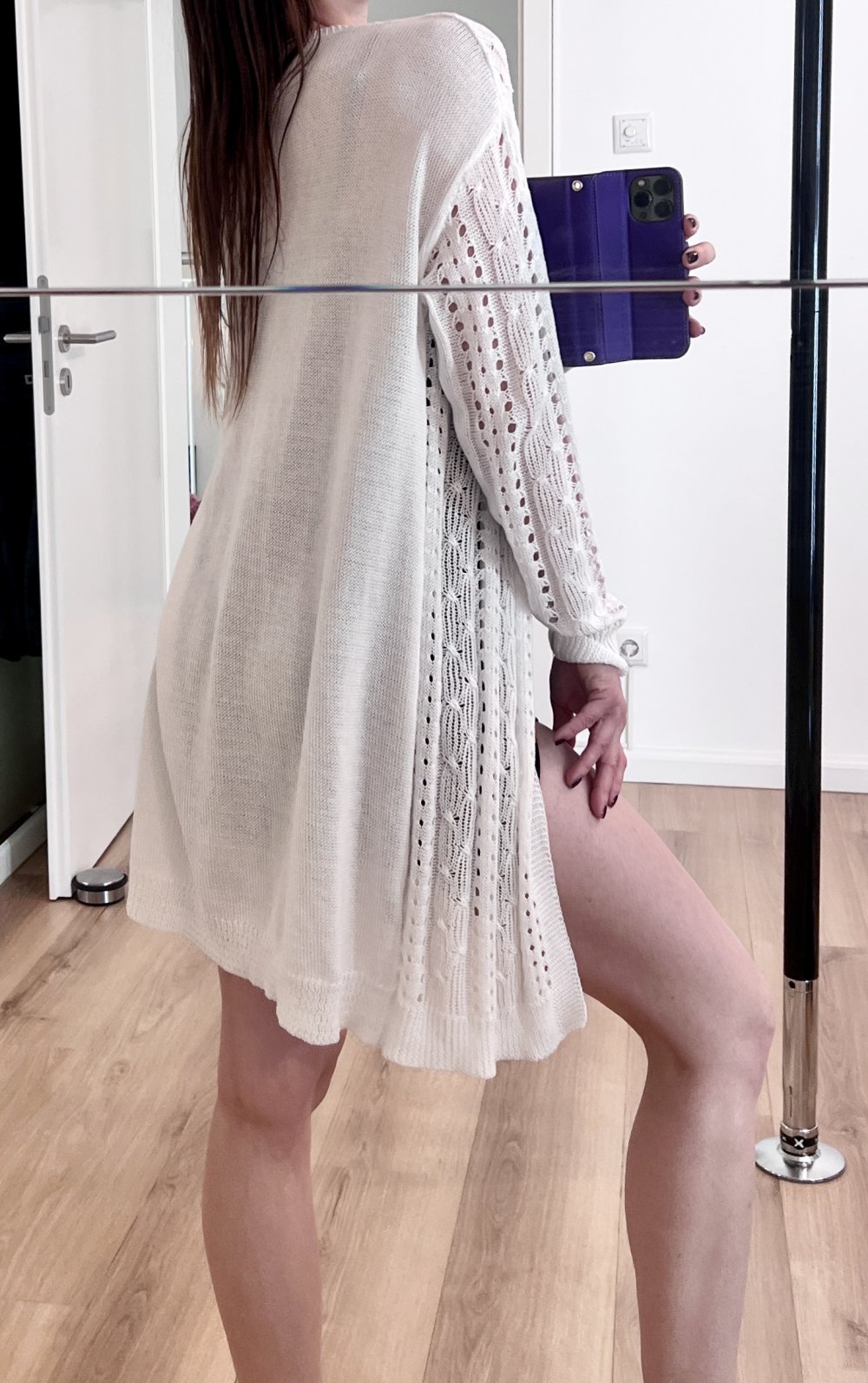 Damen offener leichter grob Strick langer Cardigan weiß XS-M