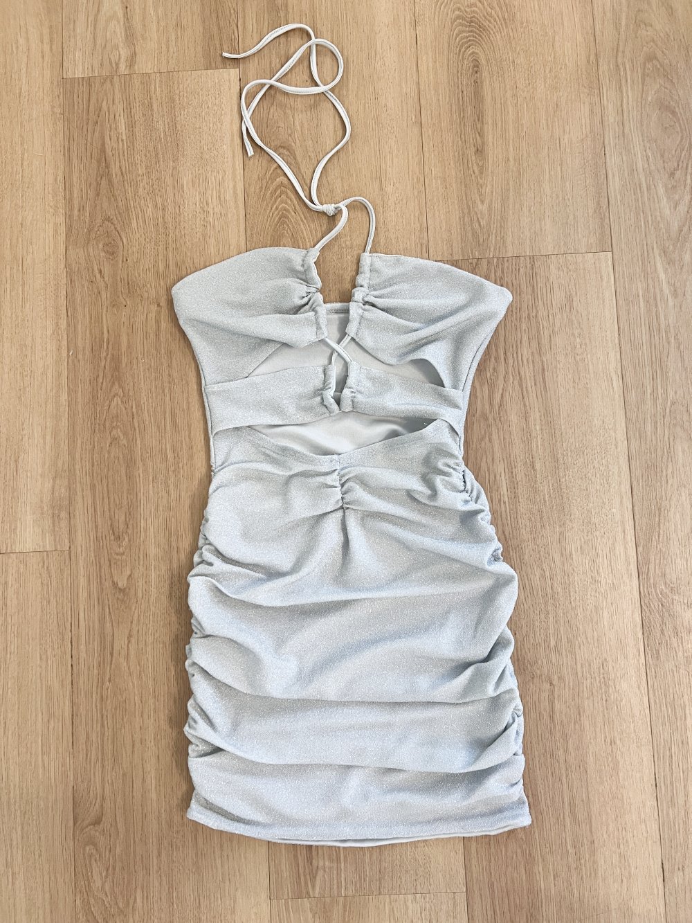 Sexy Damen Silber Glitzer Bodycon Minikleid Cutouts Schnürung S/36