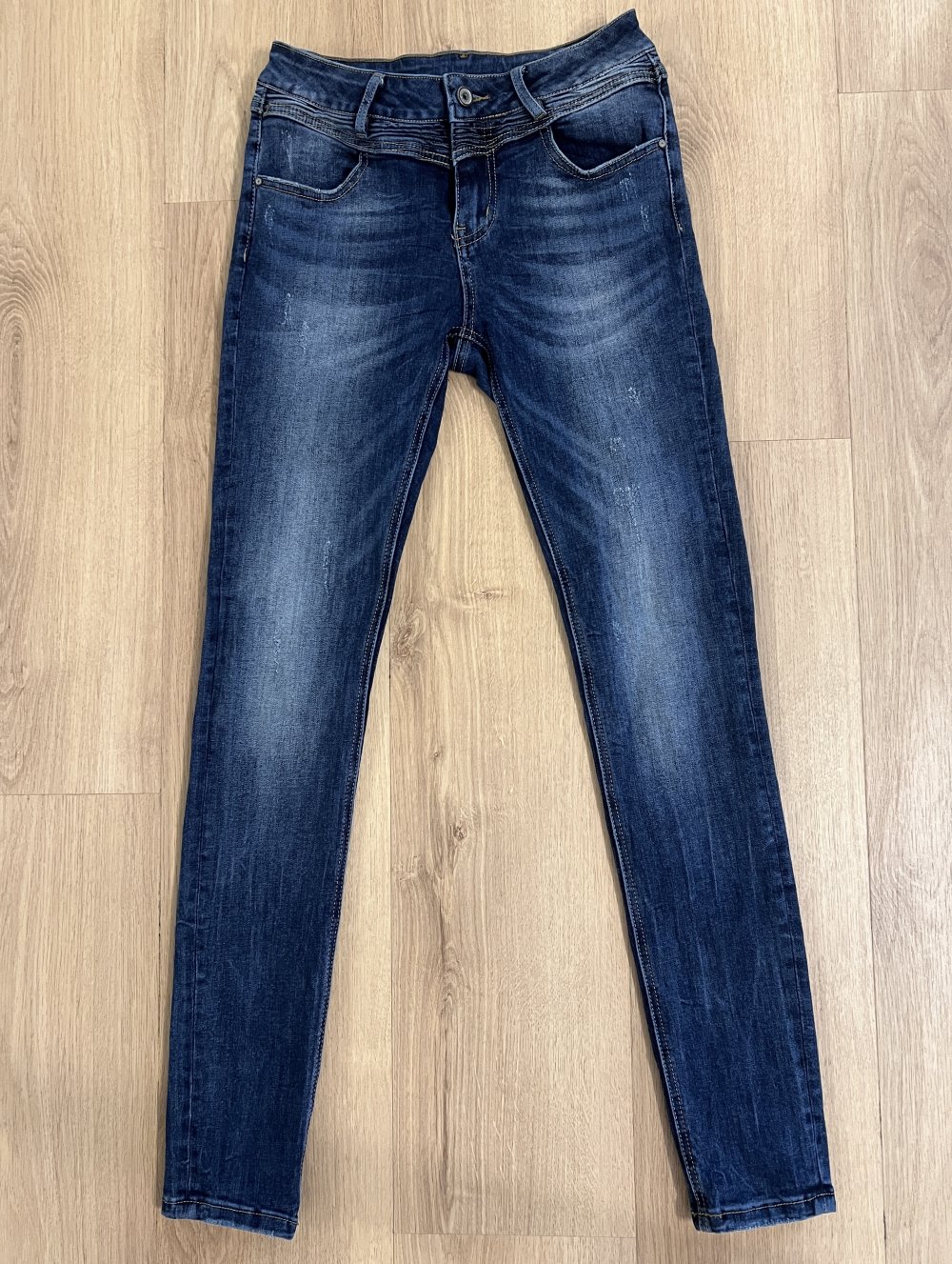 Sexy Damen Midwaist dunkleblaue Schnurrhaar Wachung Y2K skinny Stretch Röhrenjeans S/36