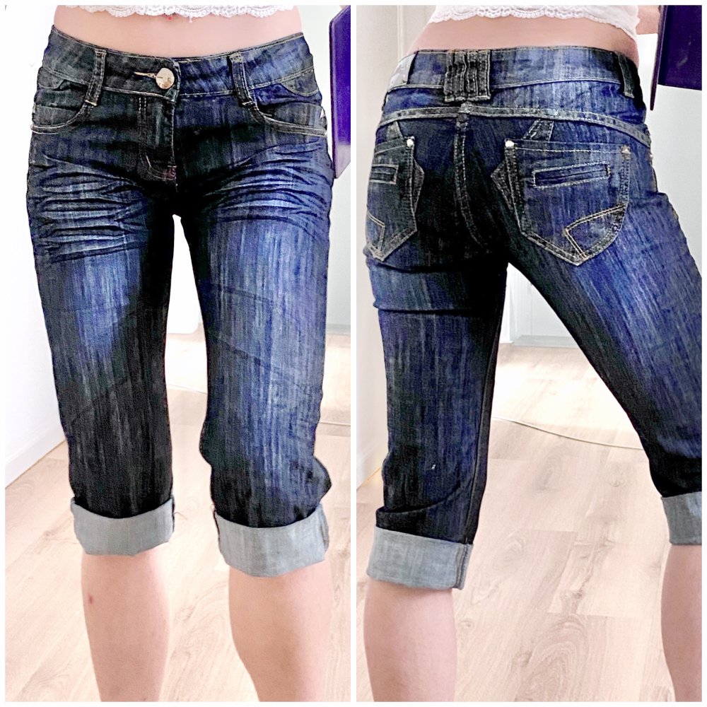 Sexy Damen 3/4 Jeans Hüfthose Denim Sommer Dunkelblau XS/S
