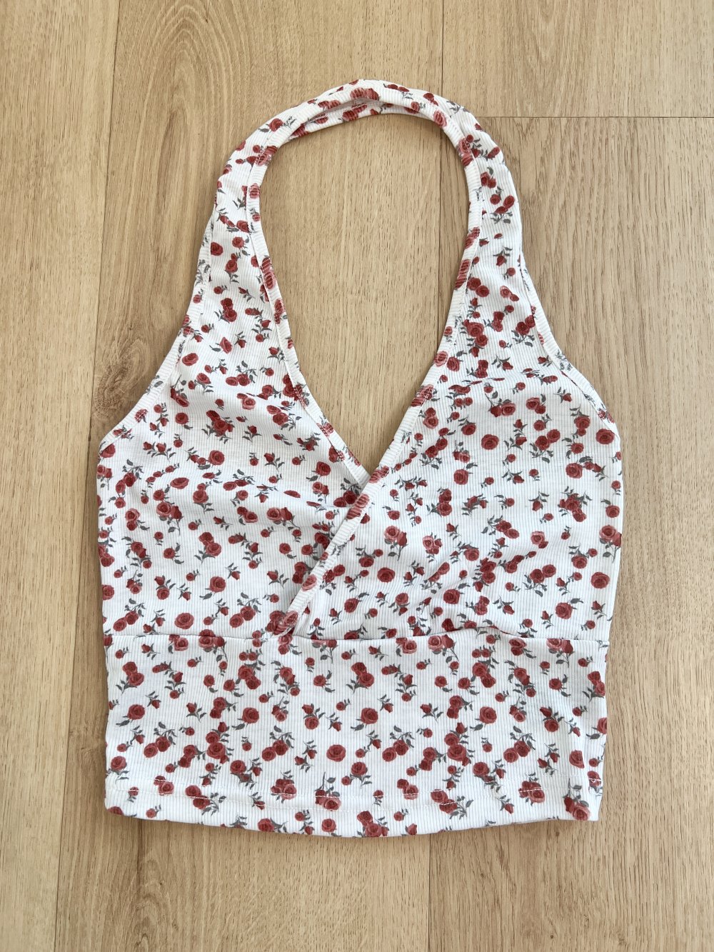 Sexy Damen geblümtes Neckholder ditsy flower Y2K bauchfreies Camisole Crop Top Weiß Spitze XS