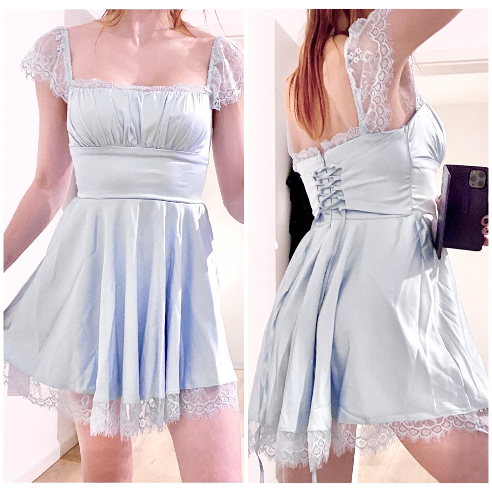 Süßes Damen Girly Mädchen Lolita Kawaii Bustier Kleidchen Satin Hellblau Schnürung Spitze XS