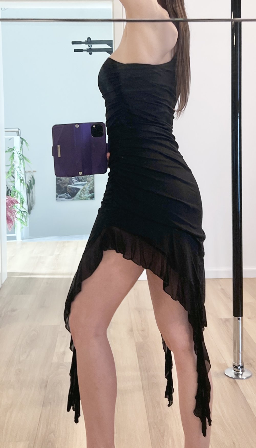 Sexy Damen Bodycon asymmetrisches Y2K Rüschen Tuffles Minikleid Abendkleid XS/S schwarz