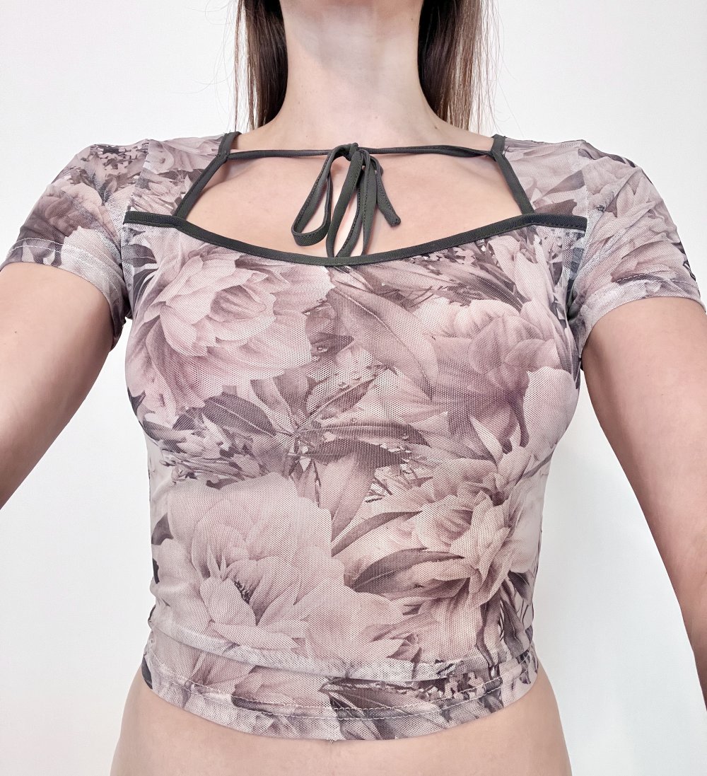 Sexy Damen semi durchsichtiges Mesh Crop T-Shirt mit Blumen Allover Print Grau XS