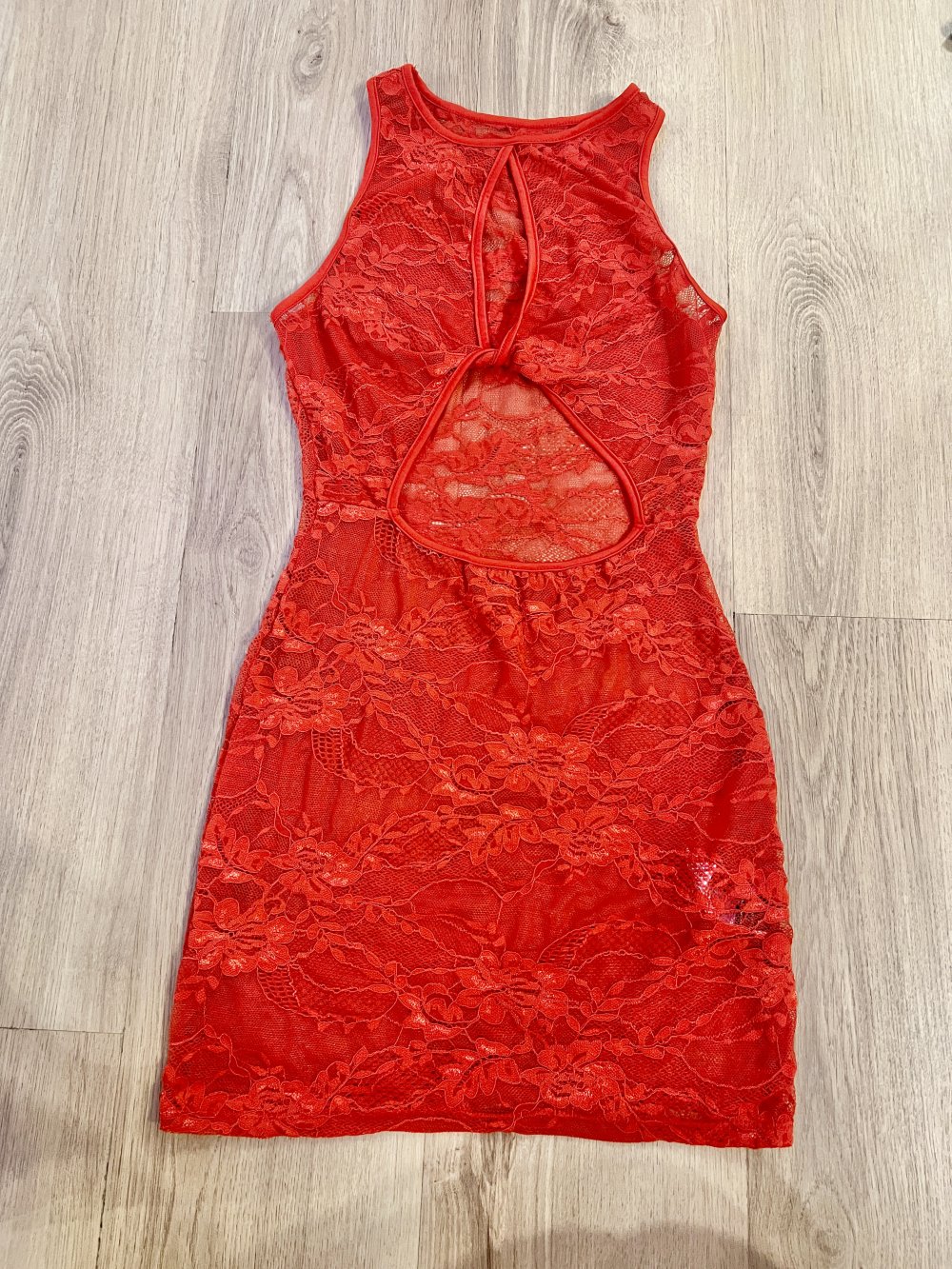 Sexy Damen Durchsichtige Spitze Cut-Out Bodycon Minikleid Y2K E-Girl Rot S/36