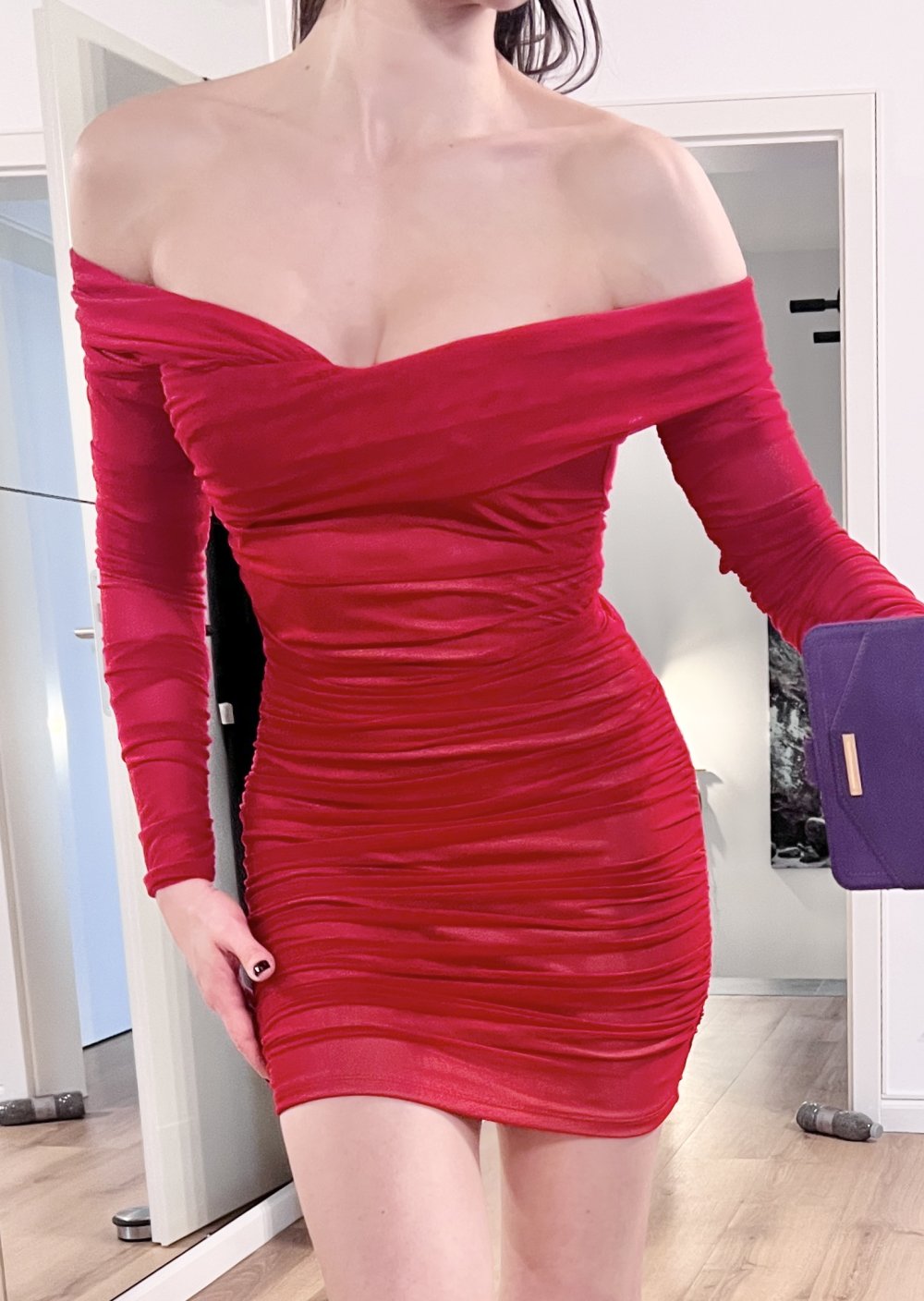 Damen rot gerafftes schulterfreies Langarm Bodycon Minikleid XS/S