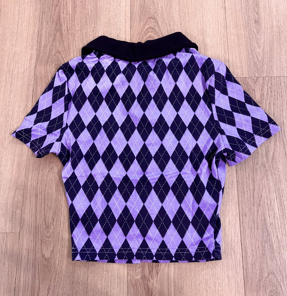 Sexy Damen Lila Schwarzes Rauten Crop T-Shirt mit Kragen Schulmädchen Y2K E-Girl XS