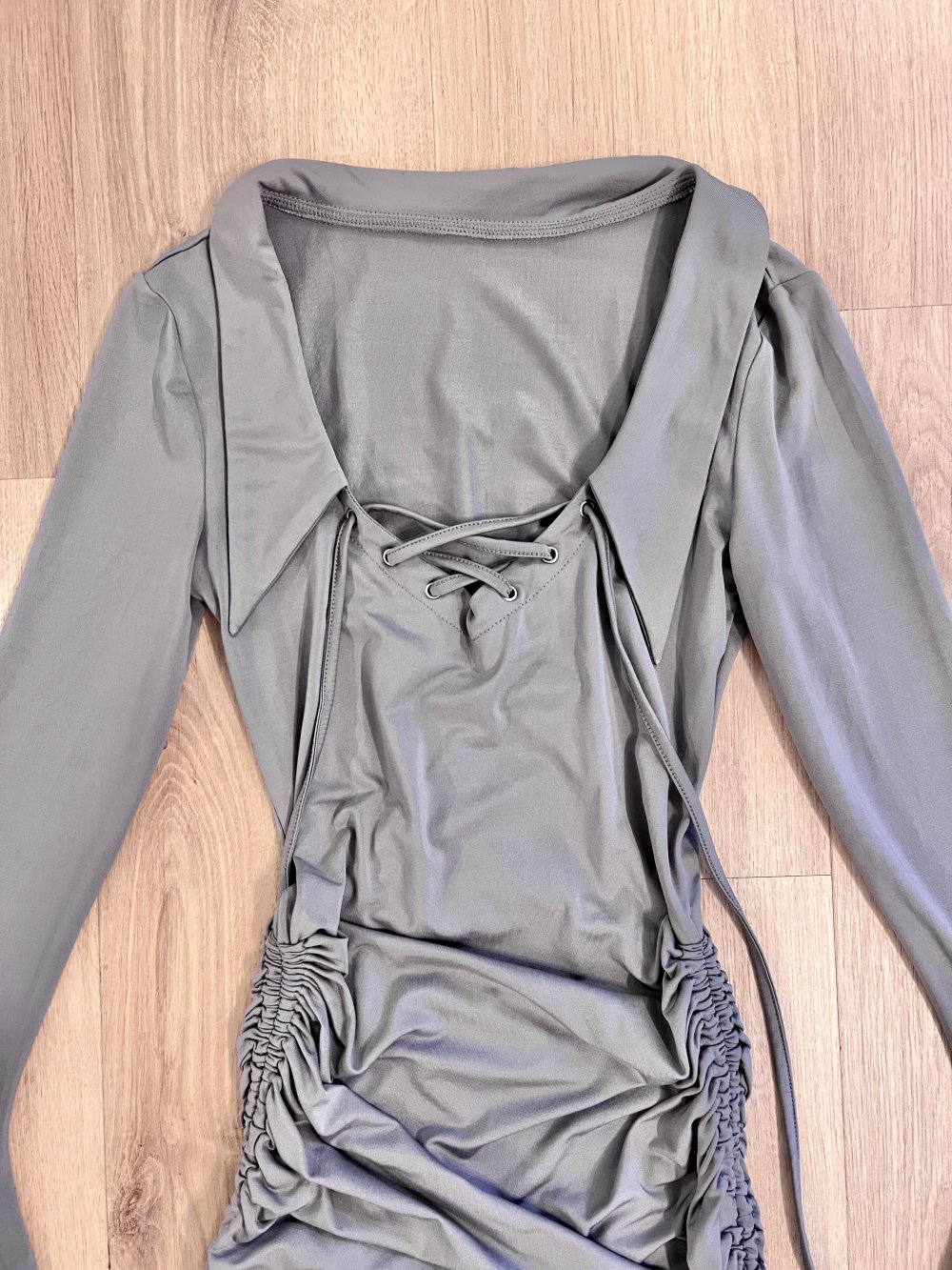 Sexy Langarm Bodycon asymmetrisches Langarm Minikleid Schnürung Raffung Grau XS