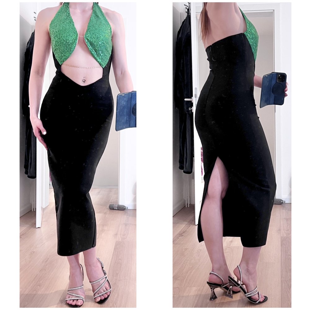 Damen Bodycon Bandage Abendkleid Cut-Out Pailetten grün schwarz S/36