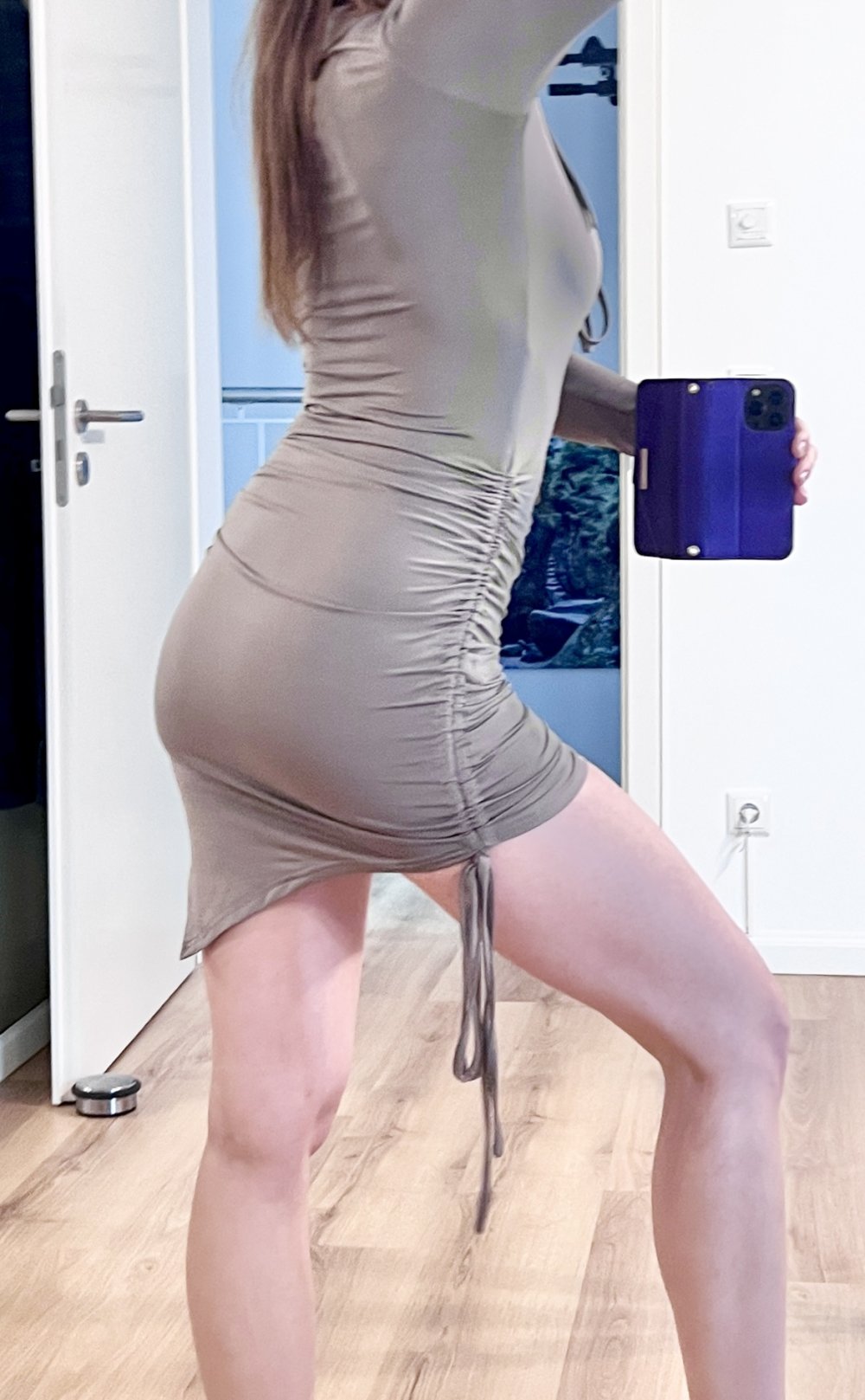Sexy Langarm Bodycon asymmetrisches Langarm Minikleid Schnürung Raffung Grau XS