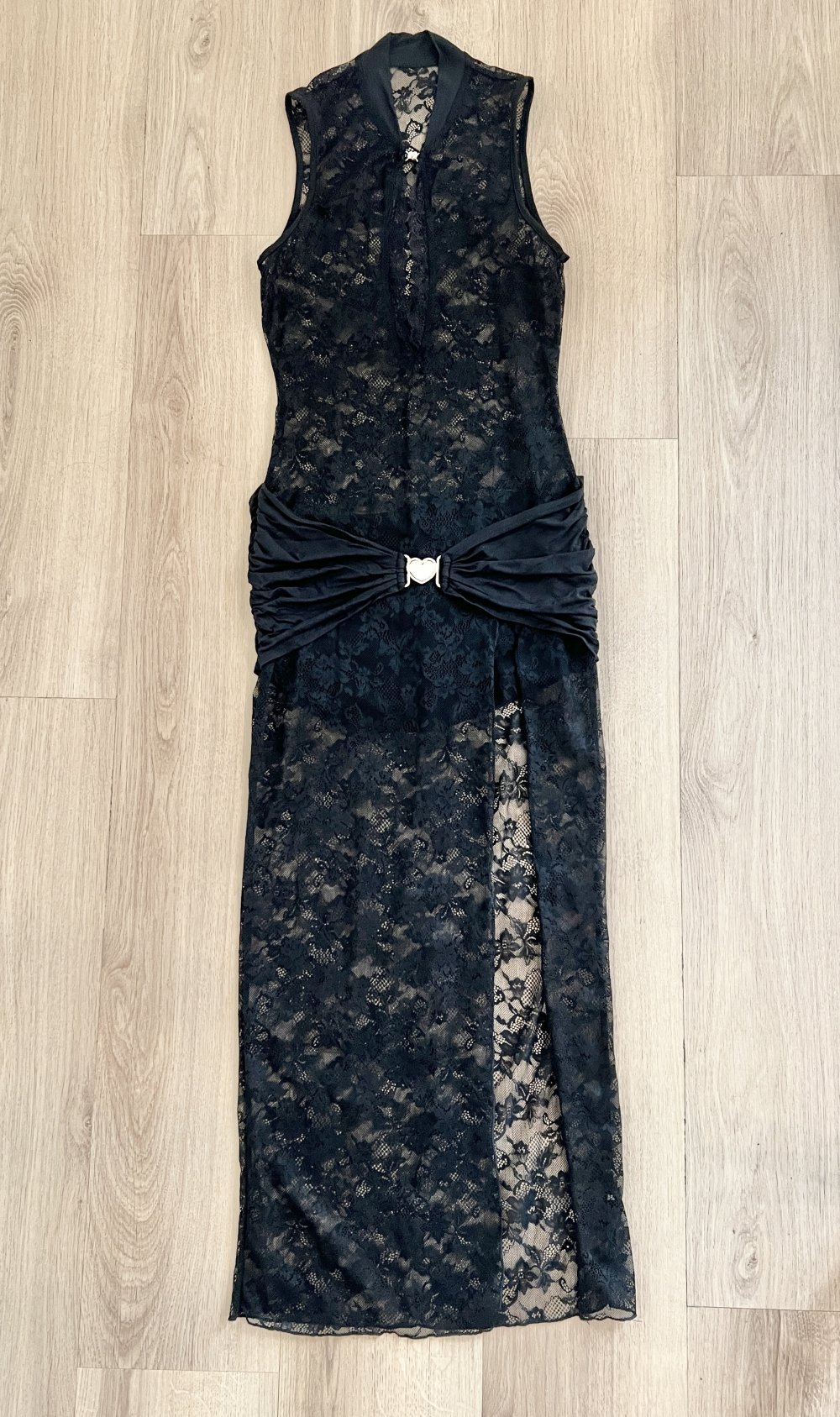 Sexy Damen Mandarin Kragen durchsichtige Spitze langes BodyconKleid 36