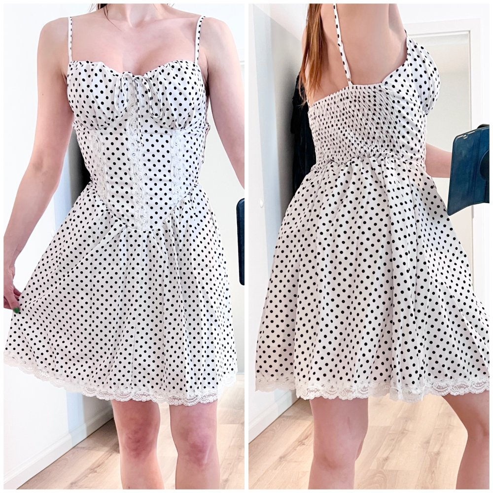 Süßes Damen Pola Dot Skater A-Linie Sommerkleid Weiß Schwarz S/36