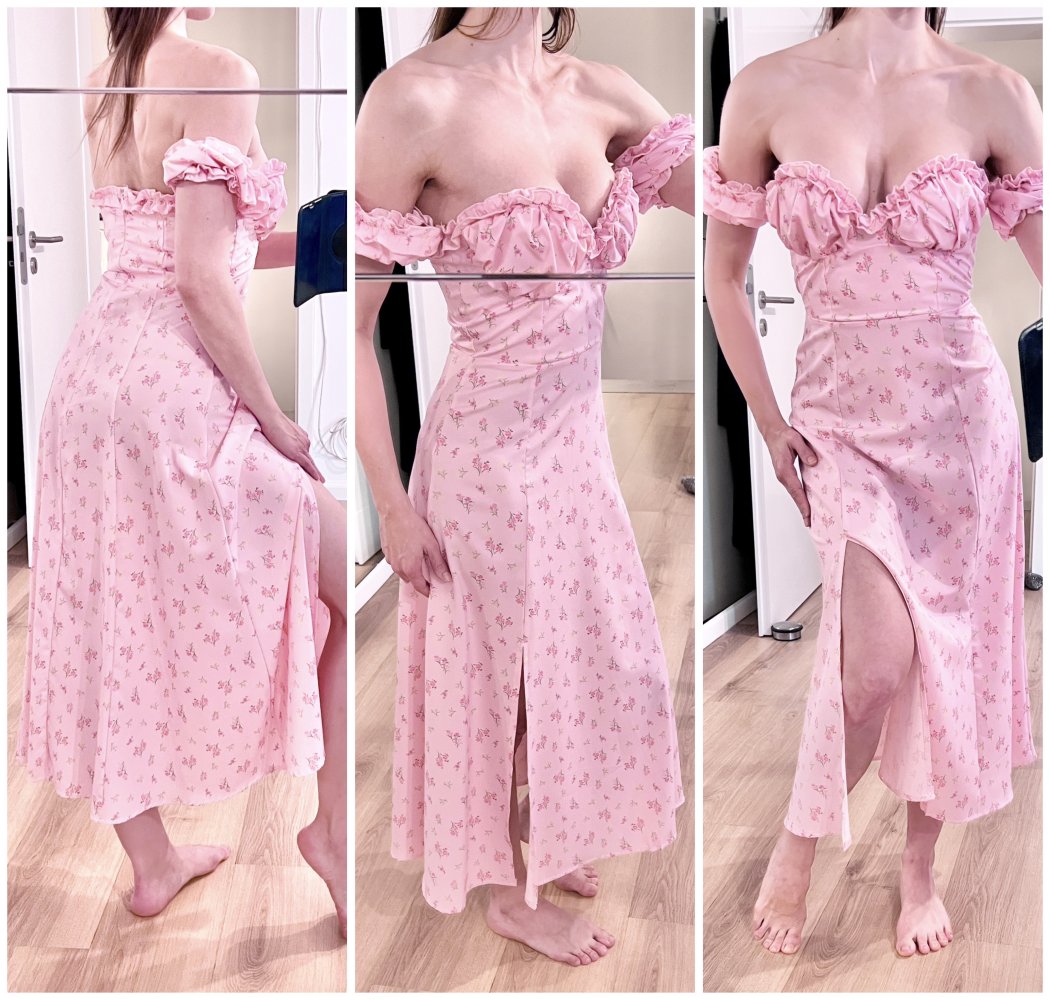Süßes Romantik Damen schulterfrei Blümchen Rüschen Schlitz XS-S