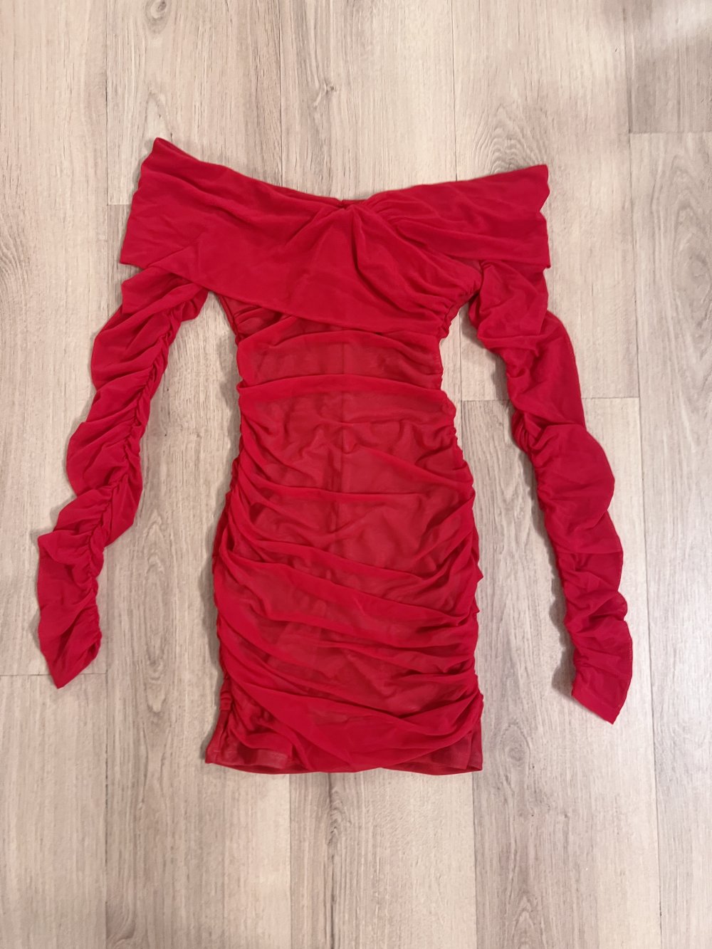 Damen rot gerafftes schulterfreies Langarm Bodycon Minikleid XS/S