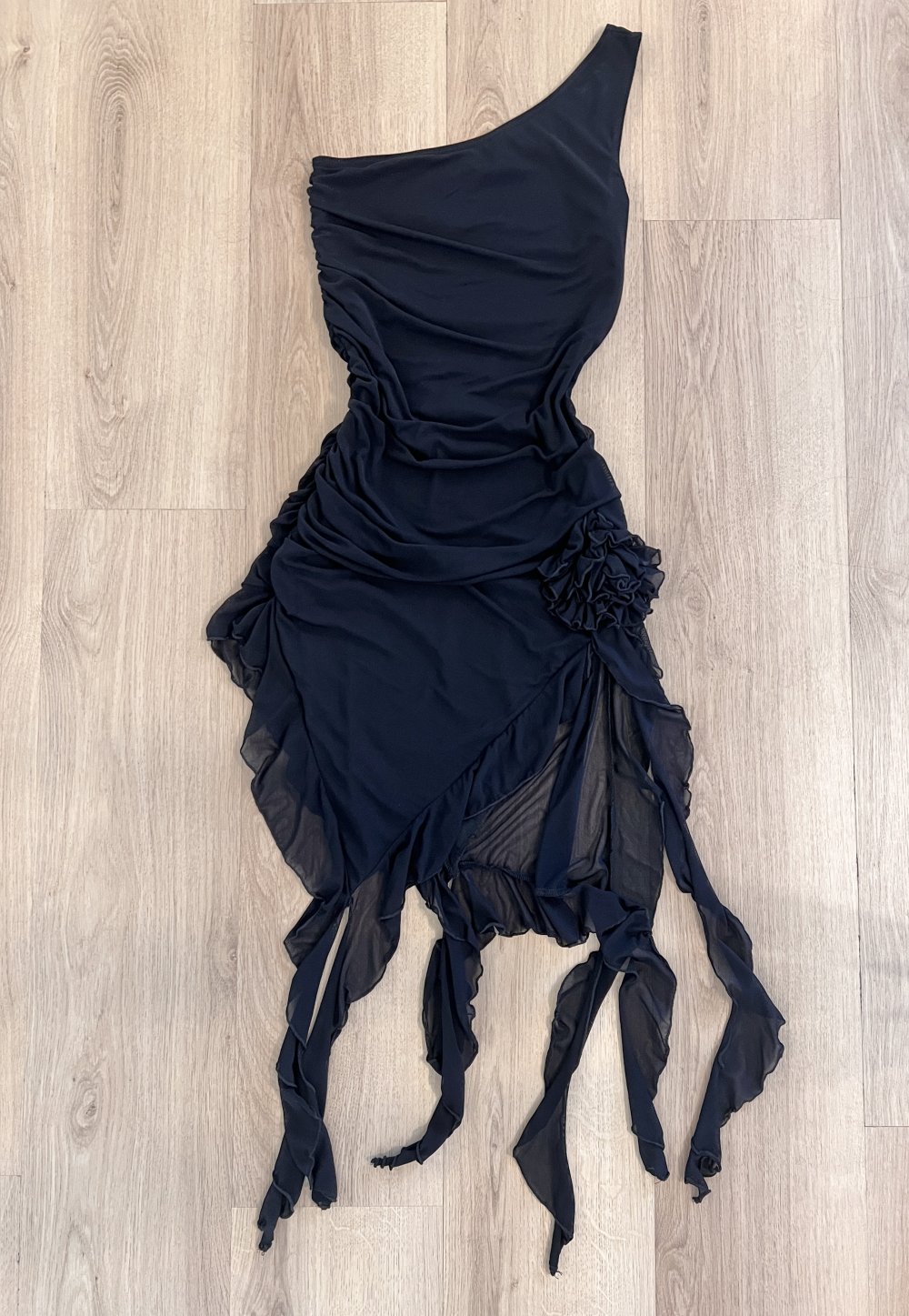 Sexy Damen Bodycon asymmetrisches Y2K Rüschen Tuffles Minikleid Abendkleid XS/S schwarz
