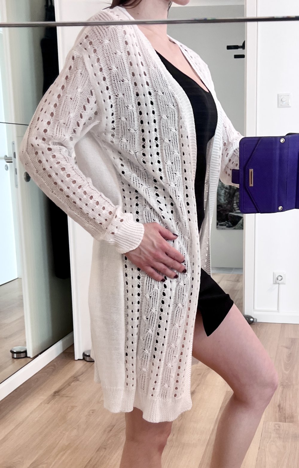 Damen offener leichter grob Strick langer Cardigan weiß XS-M