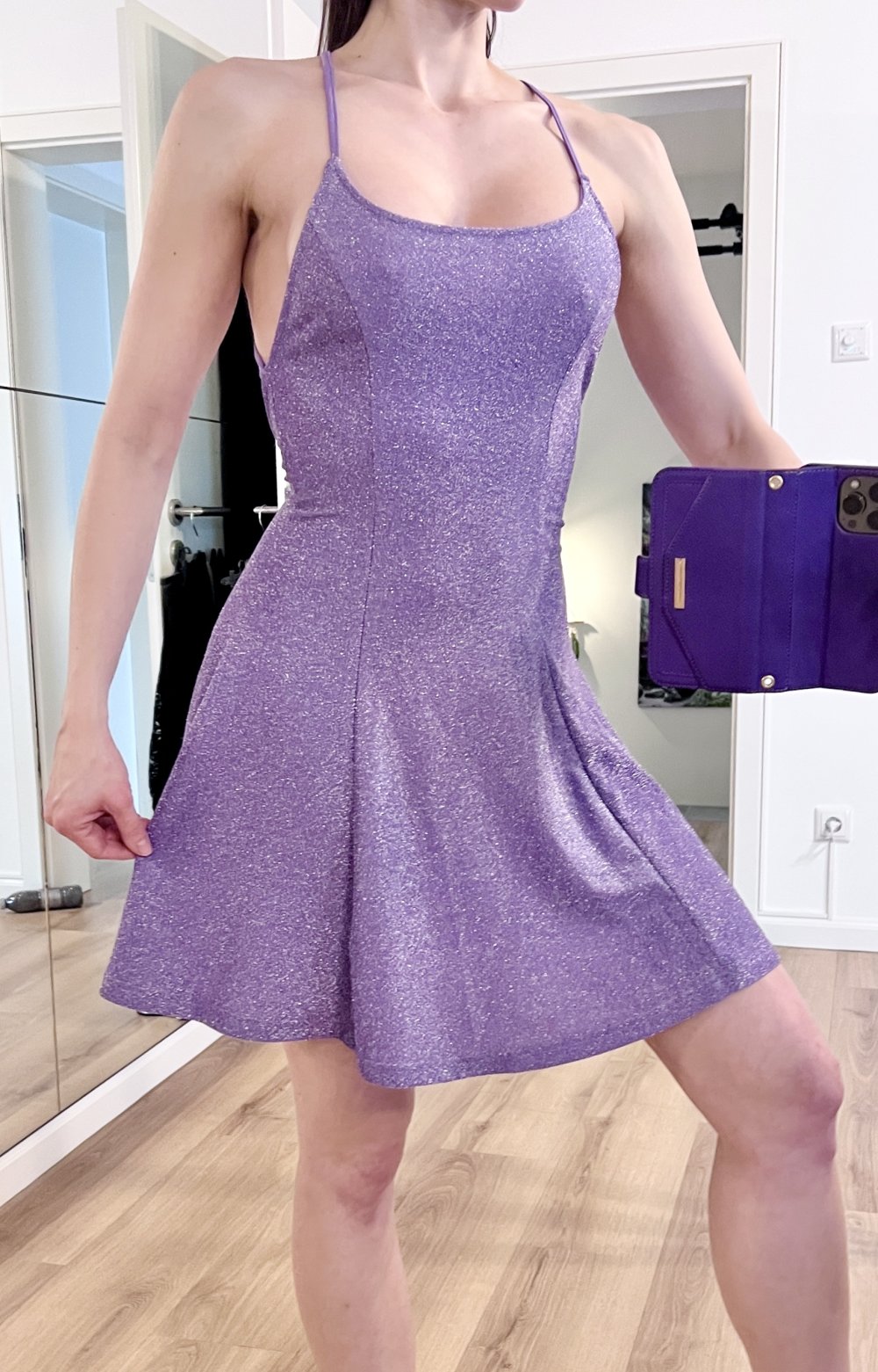 Sexy Damen Glitzer A-Linien Sakter Minikleid Fliederlila Schnürung XS